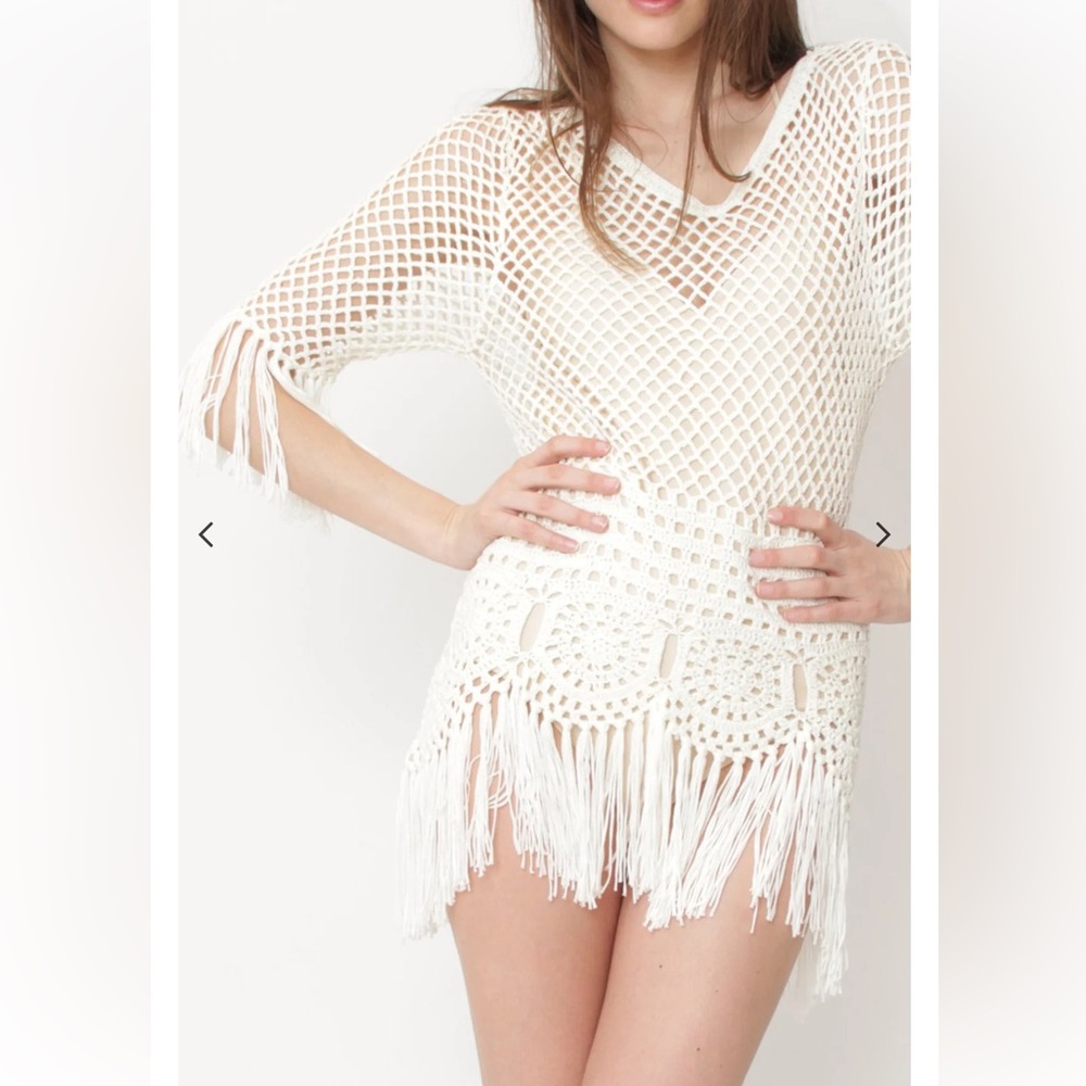 NWOT Meskita Cream Crochet Dress 3/4 sleeve Fringe tunic. SIZE S/M.
